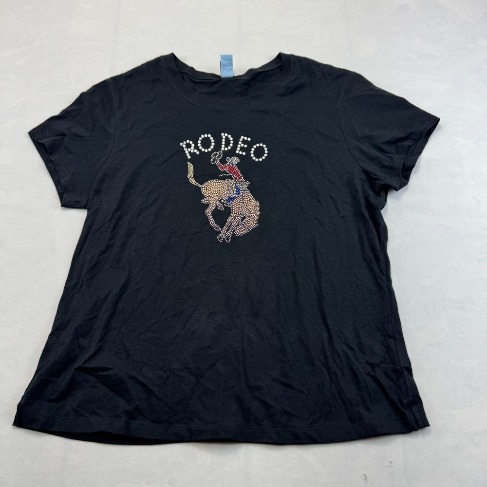 Pink Toes Designs T-Shirt Womens 1 Black Rodeo Rhinestone Cowboy Pullover Tee